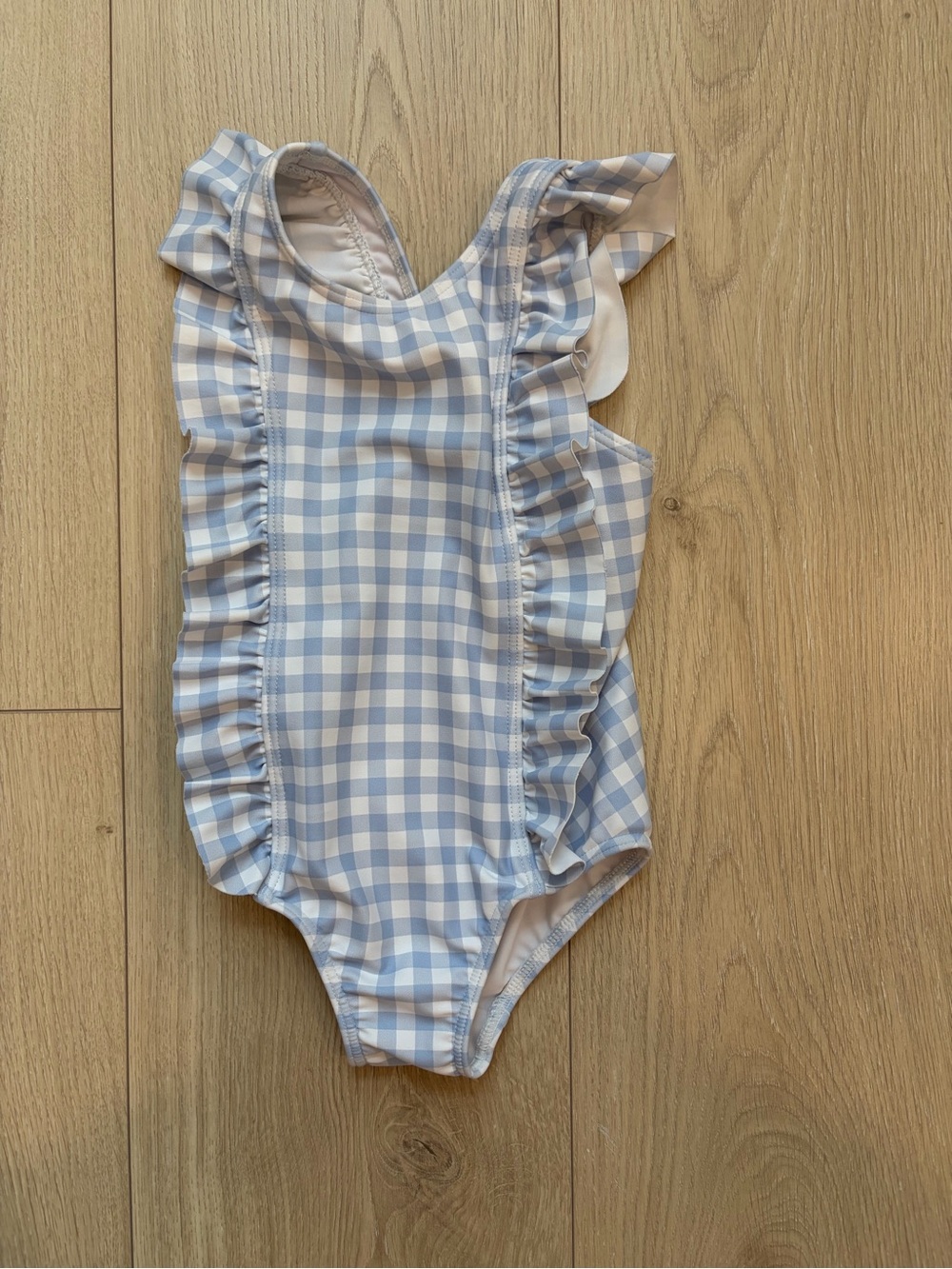 Gingham Ruffle One-Piece Swimsuit in Light Blue and White